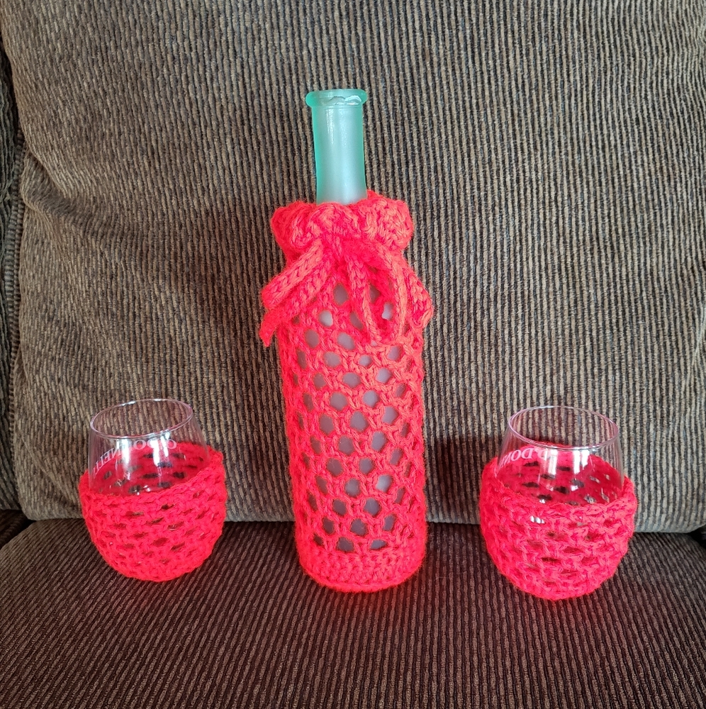 Hand Crocheted Wine Bottle Cozy with Stemless Wine Glass Cozies
